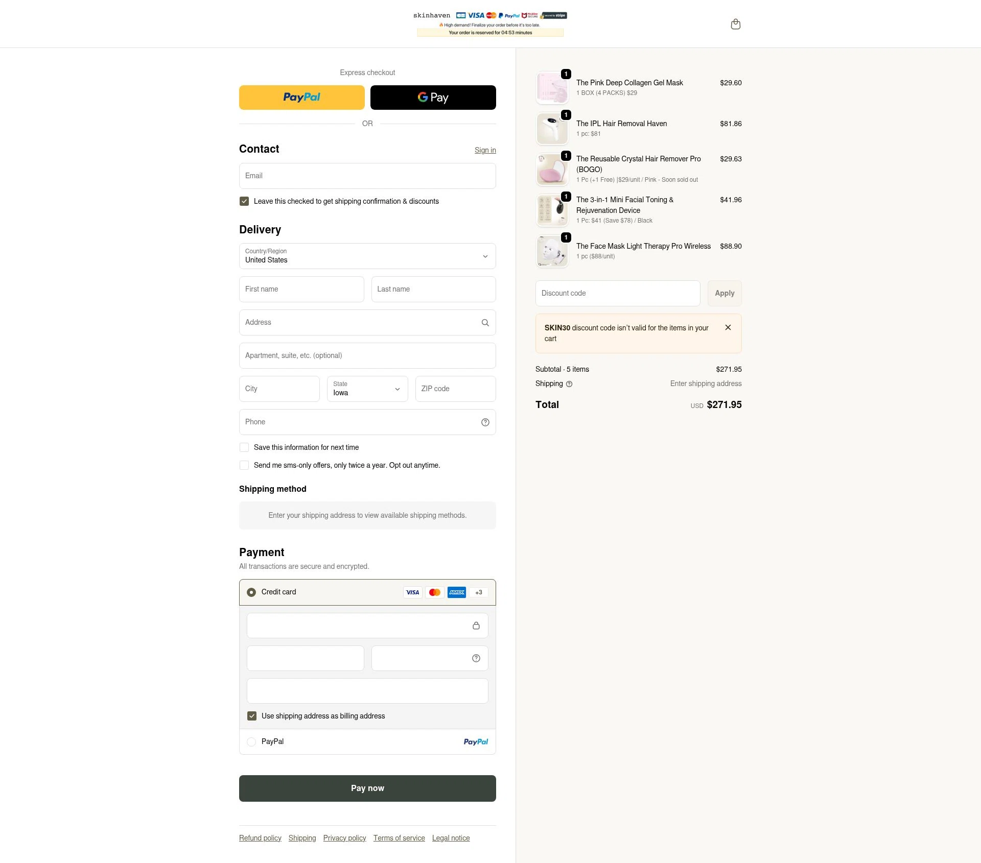 Skin Haven checkout page showing Skin Haven promo code box | Screenshot taken by SimplyCodes community member on Feb 19, 2026