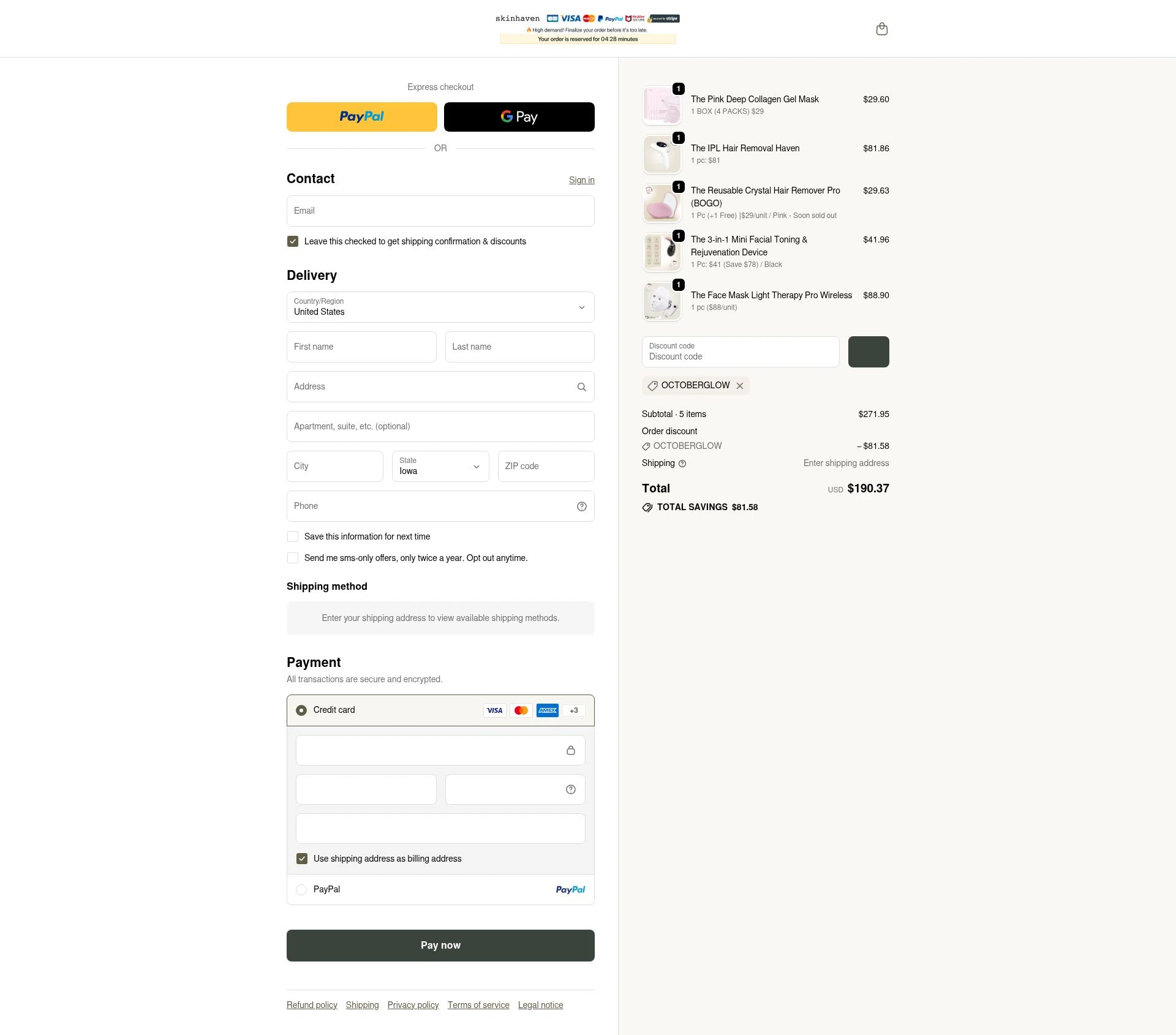 Skin Haven checkout page showing Skin Haven promo code box | Screenshot taken by SimplyCodes community member on Feb 19, 2026