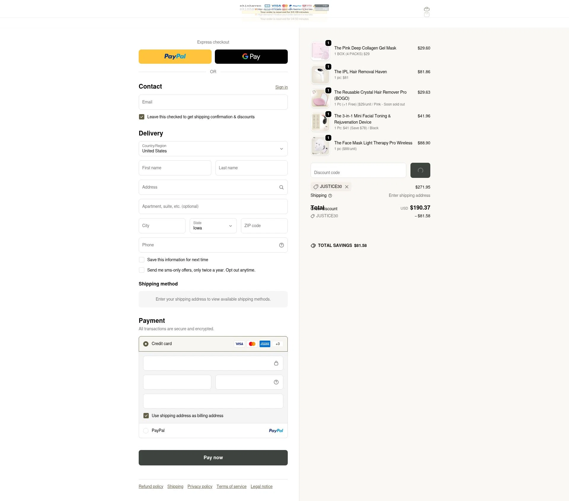 Skin Haven checkout page showing Skin Haven promo code box | Screenshot taken by SimplyCodes community member on Feb 19, 2026