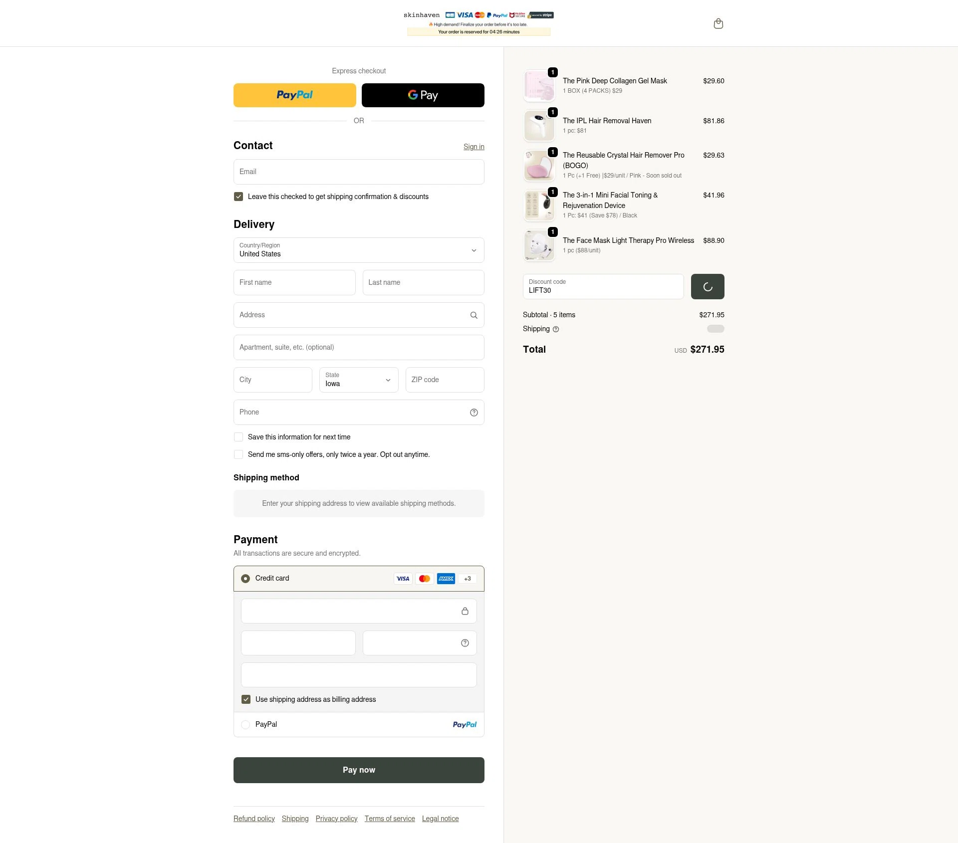 Skin Haven checkout page showing Skin Haven promo code box | Screenshot taken by SimplyCodes community member on Feb 19, 2026