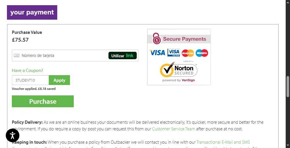 Outbacker Insurance checkout page showing Outbacker Insurance discount code box | Screenshot taken by SimplyCodes community member on Jul 12, 2025