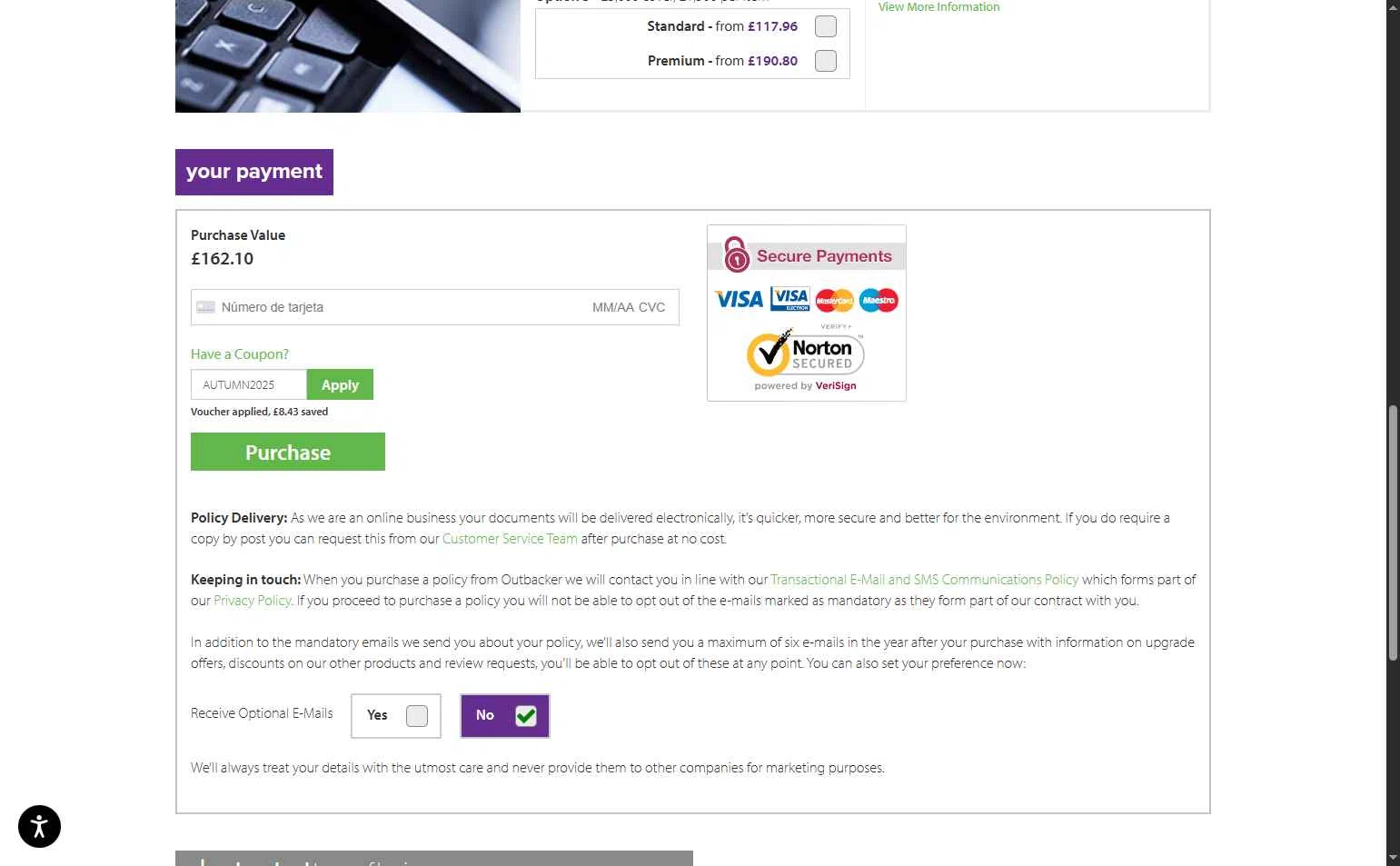 Outbacker Insurance checkout page showing Outbacker Insurance discount code box | Screenshot taken by SimplyCodes community member on Nov 11, 2025