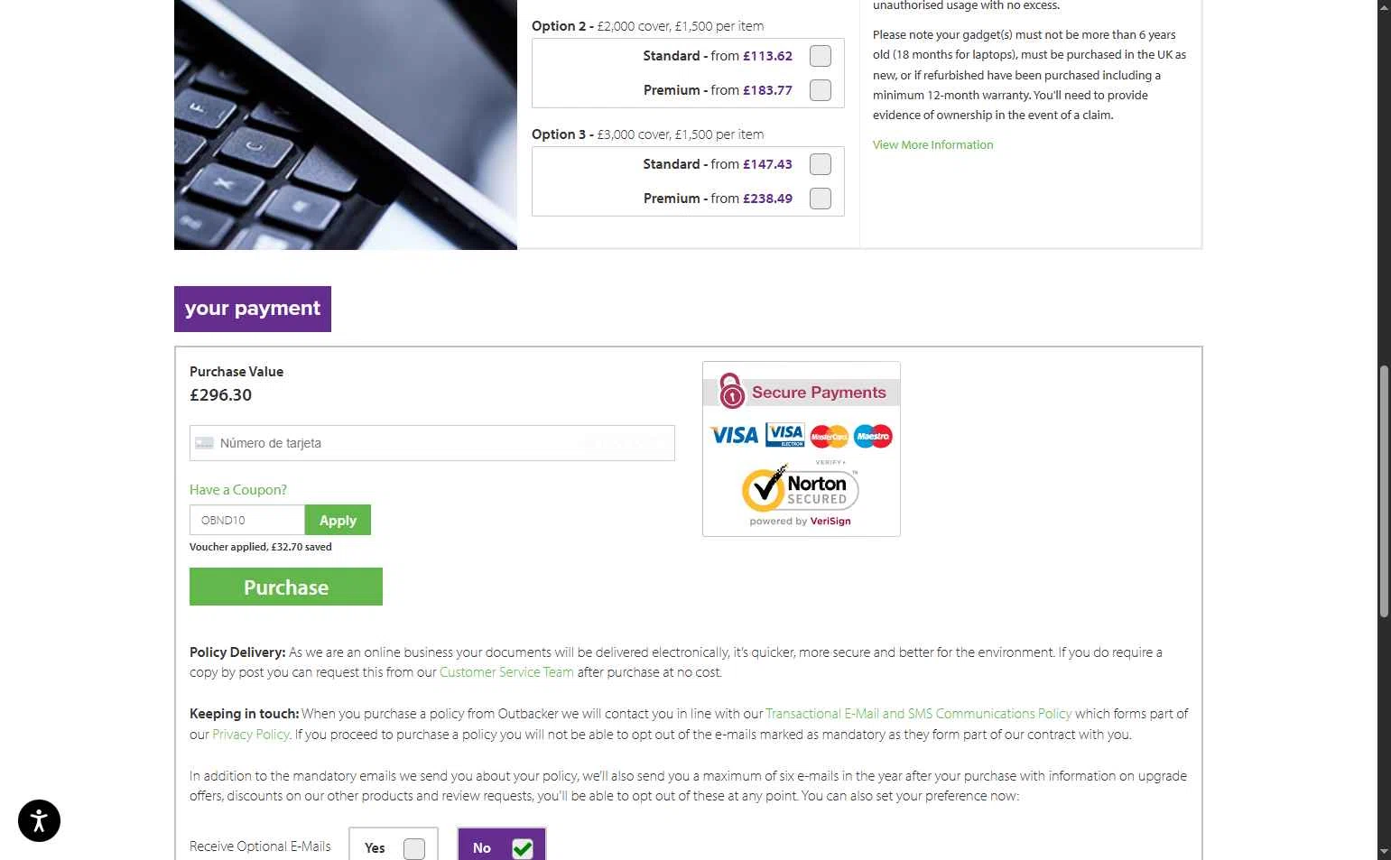 Outbacker Insurance checkout page showing Outbacker Insurance discount code box | Screenshot taken by SimplyCodes community member on Jul 14, 2025