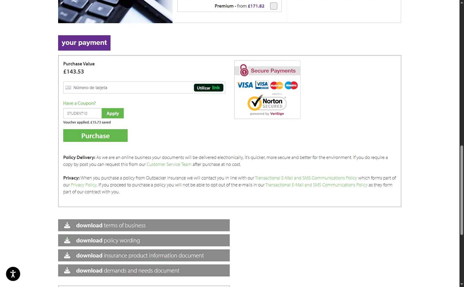 Outbacker Insurance checkout page showing Outbacker Insurance discount code box | Screenshot taken by SimplyCodes community member on Jun 13, 2025