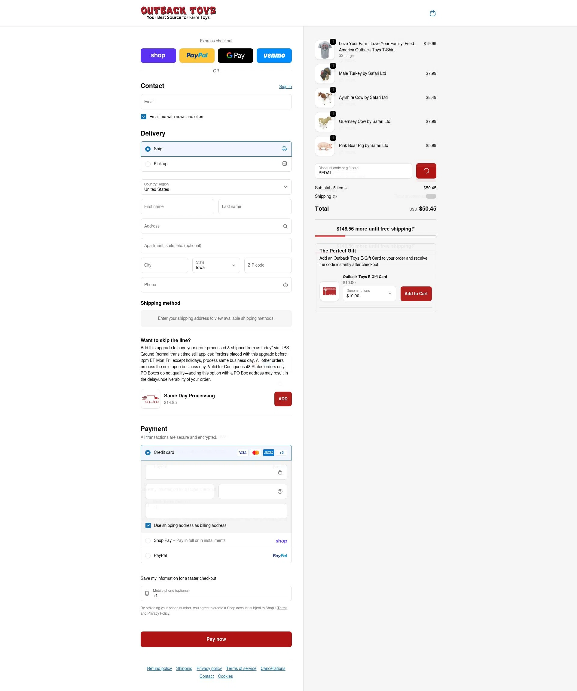 Outback Toys checkout page showing Outback Toys promo code box | Screenshot taken by SimplyCodes community member on Feb 4, 2026