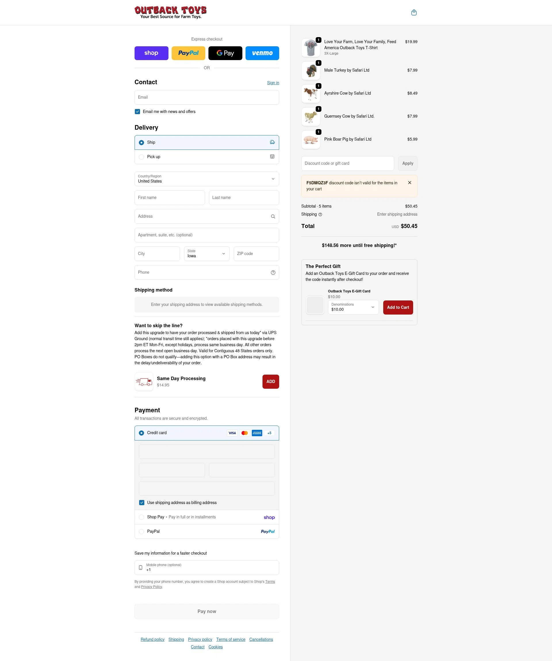 Outback Toys checkout page showing Outback Toys promo code box | Screenshot taken by SimplyCodes community member on Feb 4, 2026