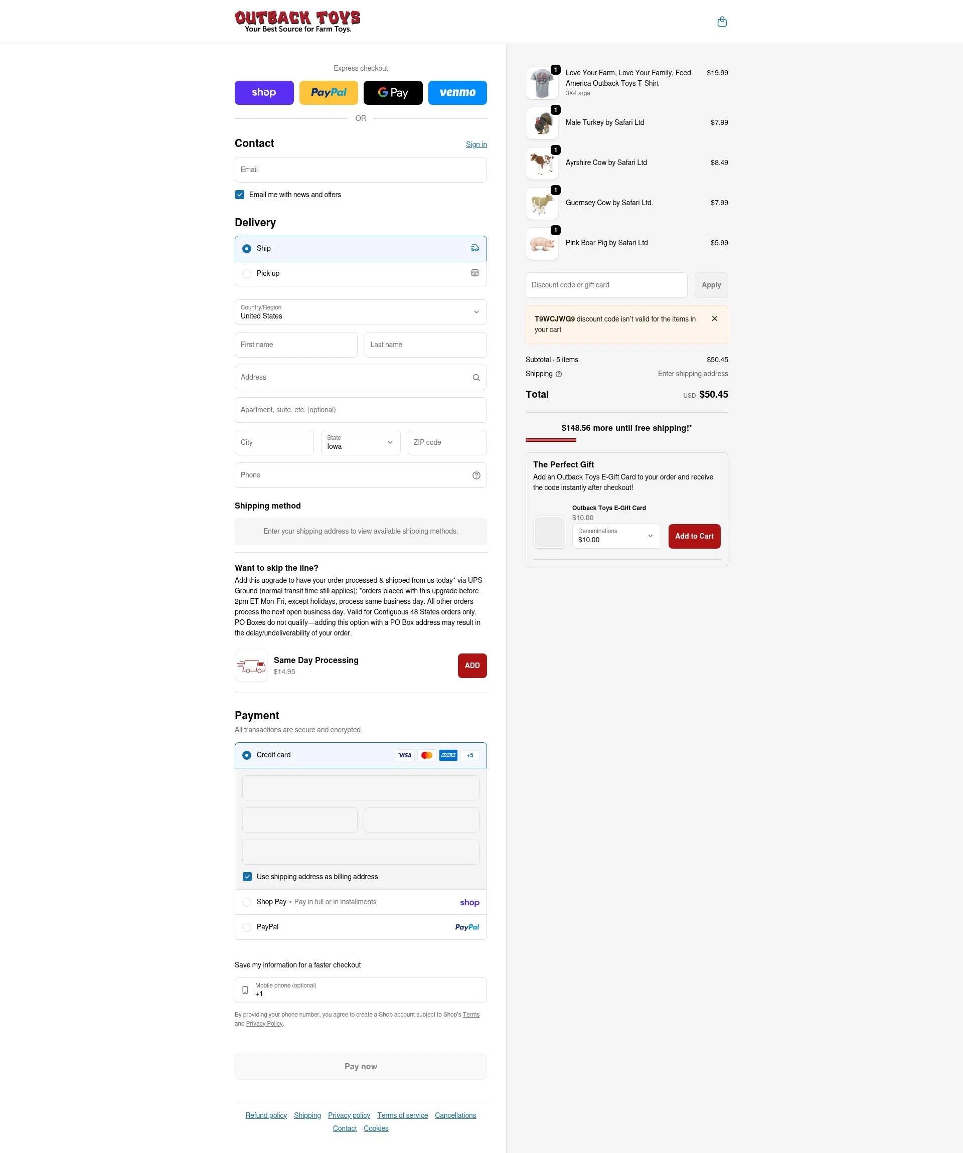 Outback Toys checkout page showing Outback Toys promo code box | Screenshot taken by SimplyCodes community member on Feb 4, 2026