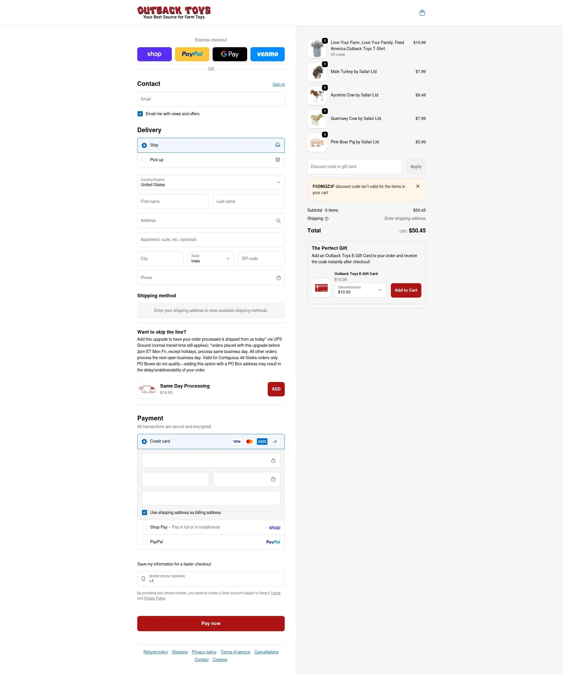 Outback Toys checkout page showing Outback Toys promo code box | Screenshot taken by SimplyCodes community member on Jan 31, 2026