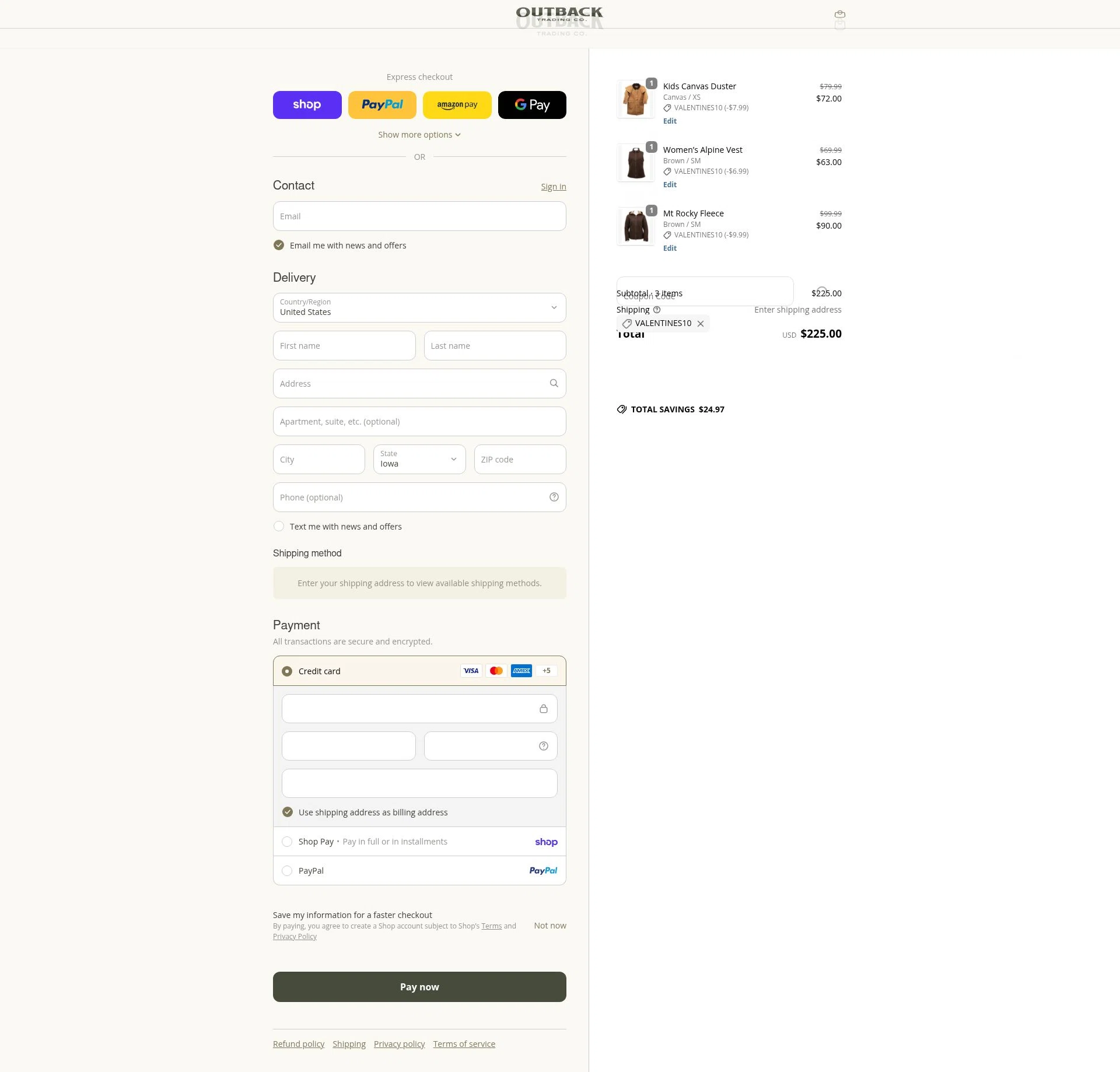 Outback Trading Company checkout page showing Outback Trading Company discount code box | Screenshot taken by SimplyCodes community member on Feb 16, 2026