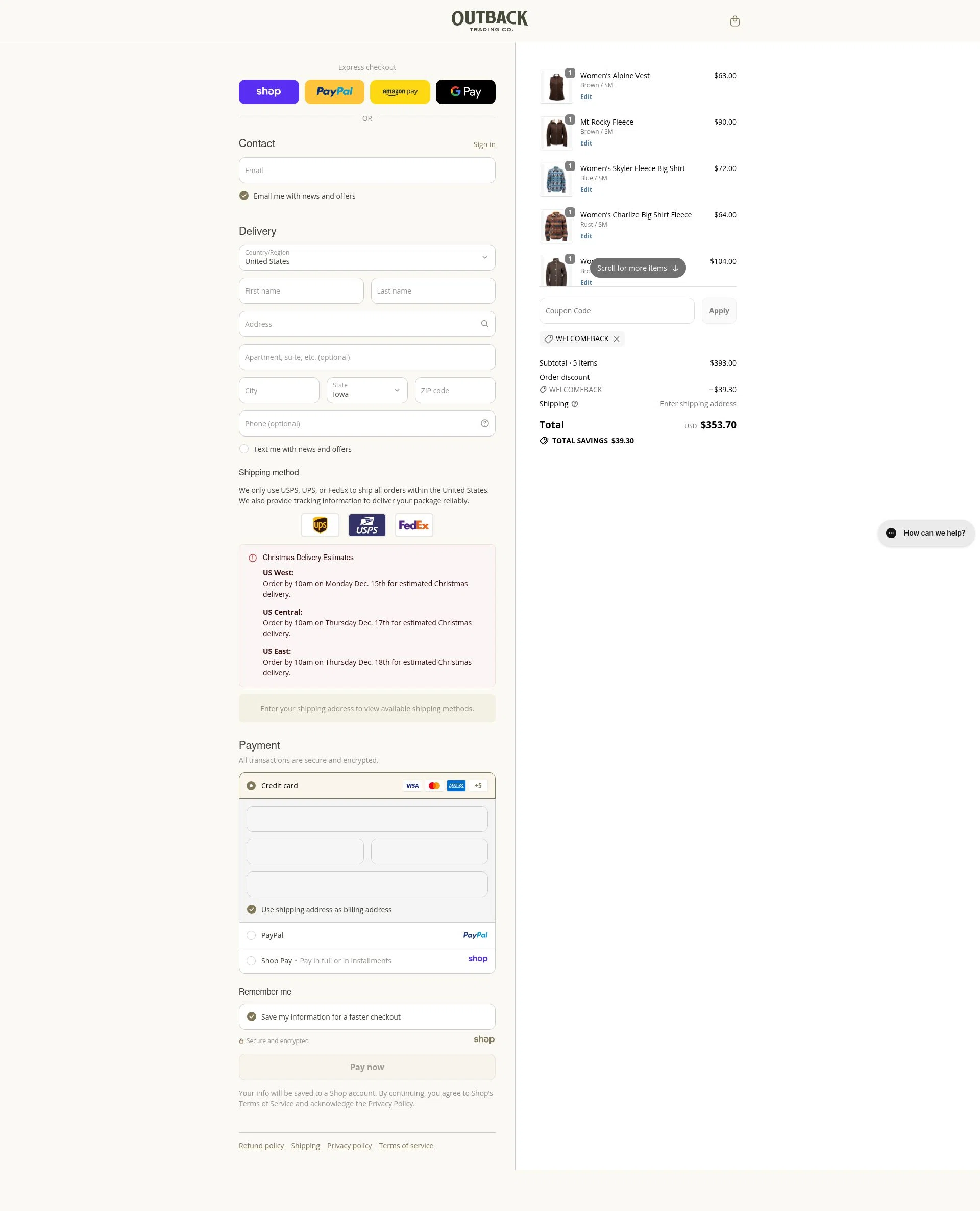 Outback Trading Company checkout page showing Outback Trading Company discount code box | Screenshot taken by SimplyCodes community member on Dec 14, 2025