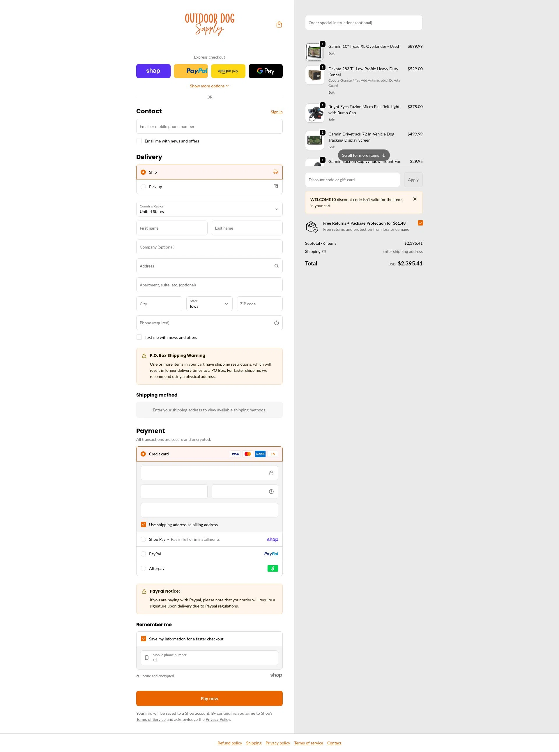 Outdoor Dog Supply checkout page showing Outdoor Dog Supply promo code box | Screenshot taken by SimplyCodes community member on Jan 29, 2026