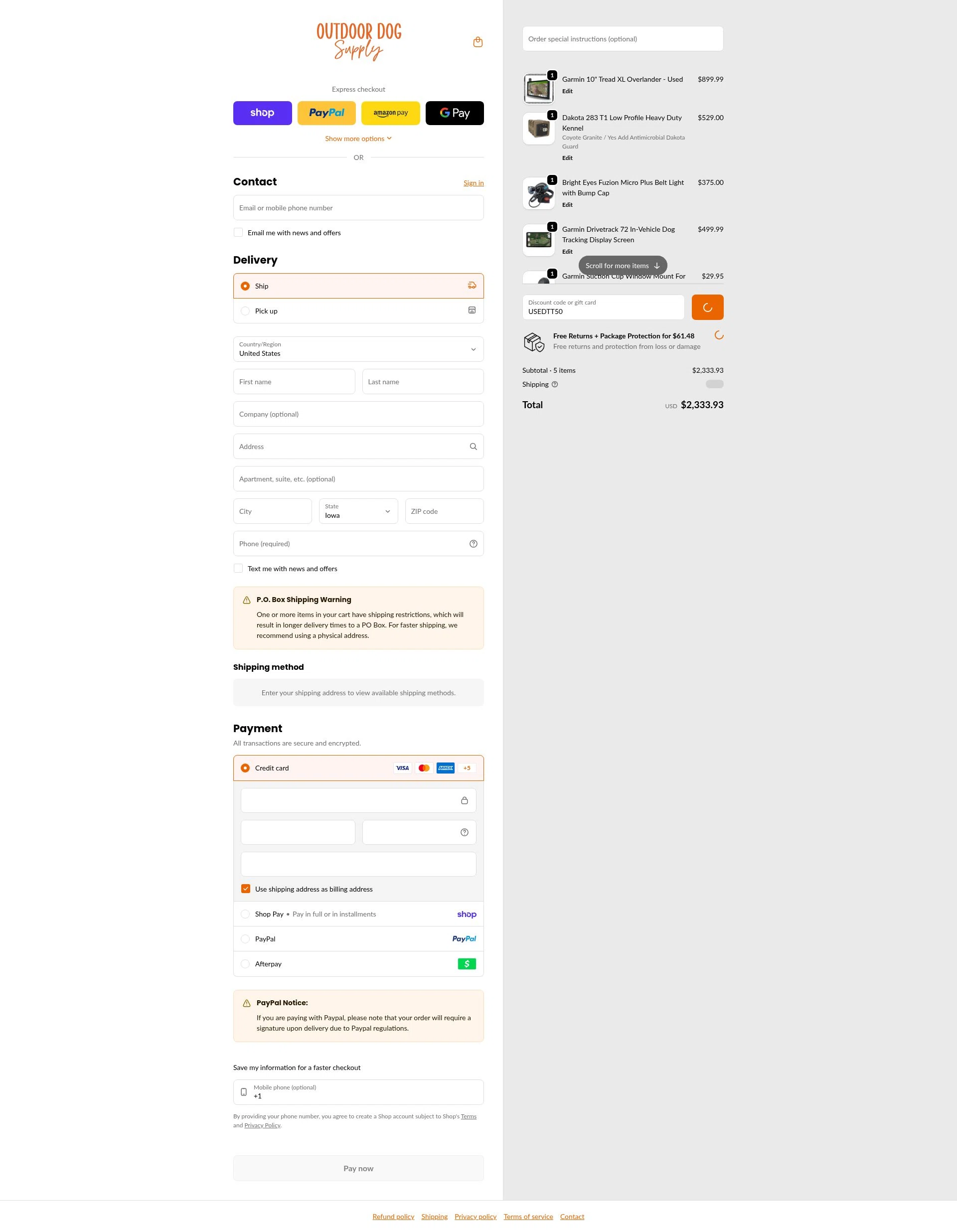 Outdoor Dog Supply checkout page showing Outdoor Dog Supply promo code box | Screenshot taken by SimplyCodes community member on Feb 2, 2026