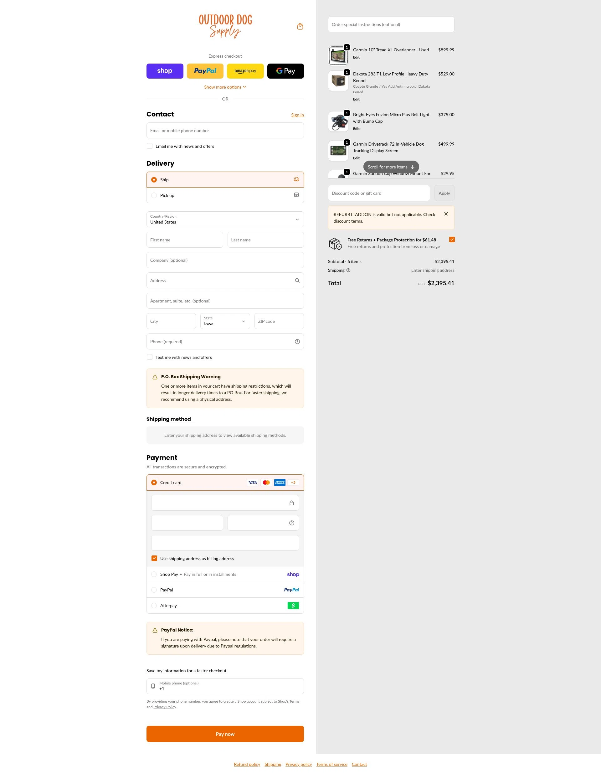 Outdoor Dog Supply checkout page showing Outdoor Dog Supply promo code box | Screenshot taken by SimplyCodes community member on Feb 2, 2026