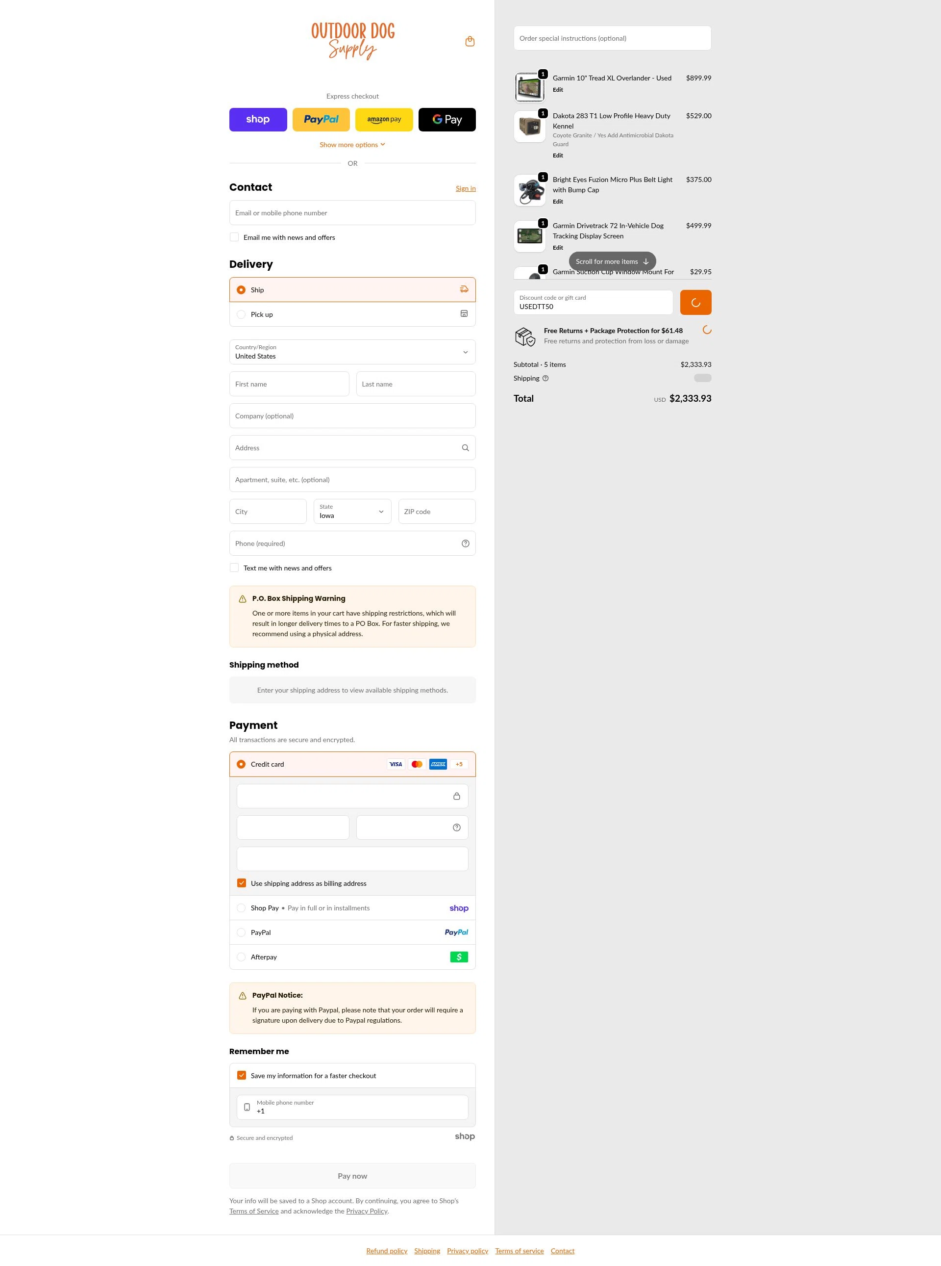 Outdoor Dog Supply checkout page showing Outdoor Dog Supply promo code box | Screenshot taken by SimplyCodes community member on Jan 29, 2026