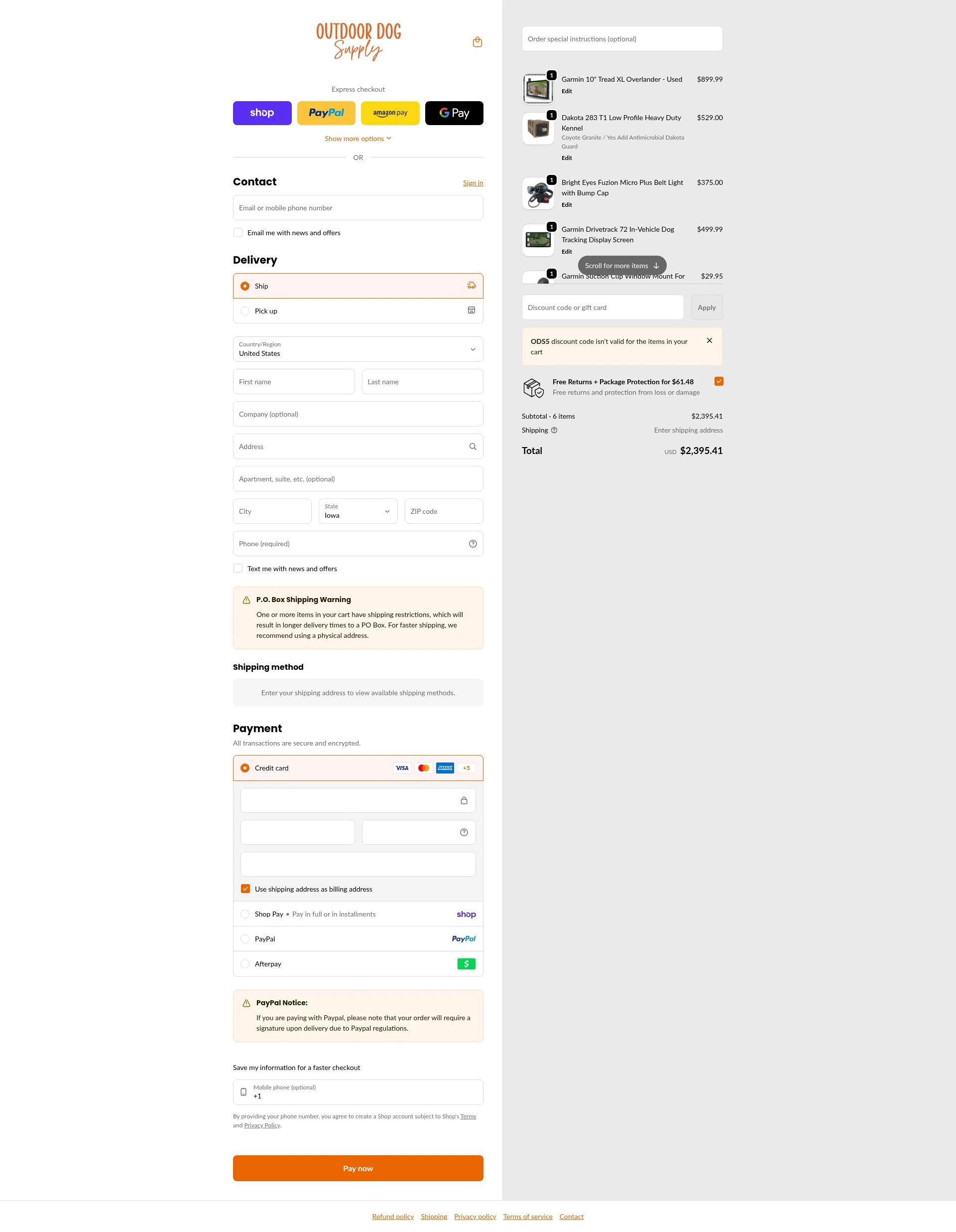 Outdoor Dog Supply checkout page showing Outdoor Dog Supply promo code box | Screenshot taken by SimplyCodes community member on Feb 2, 2026