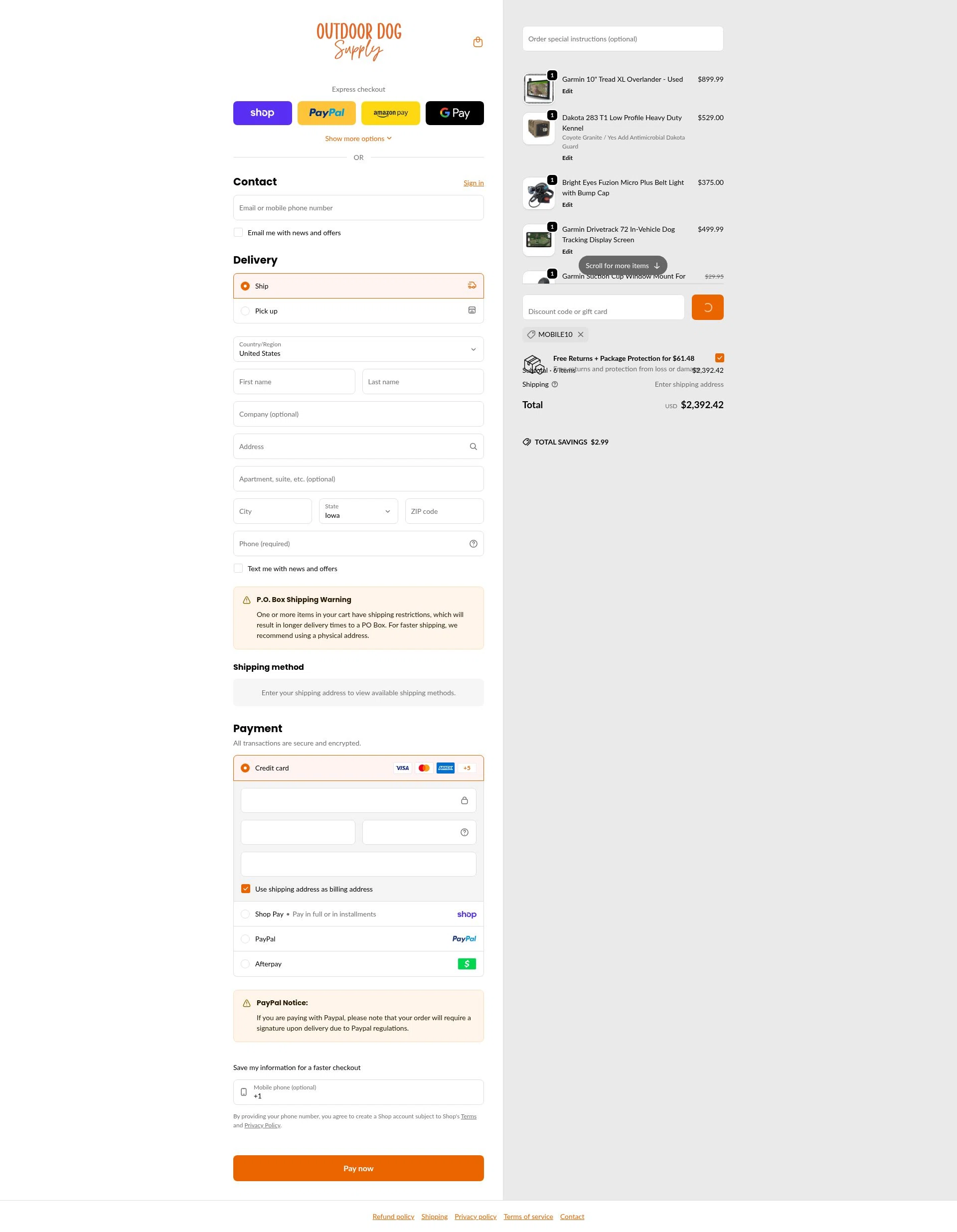 Outdoor Dog Supply checkout page showing Outdoor Dog Supply promo code box | Screenshot taken by SimplyCodes community member on Feb 2, 2026