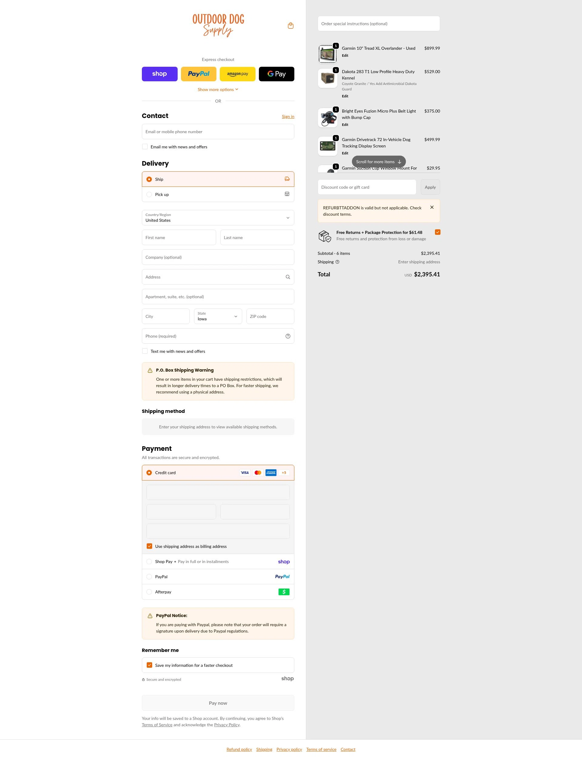 Outdoor Dog Supply checkout page showing Outdoor Dog Supply promo code box | Screenshot taken by SimplyCodes community member on Jan 29, 2026
