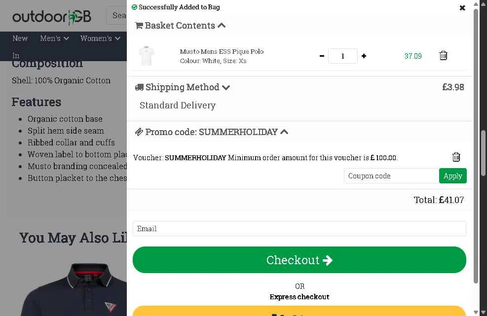 OutdoorGB checkout page showing OutdoorGB promo code box | Screenshot taken by SimplyCodes community member on Jul 9, 2025