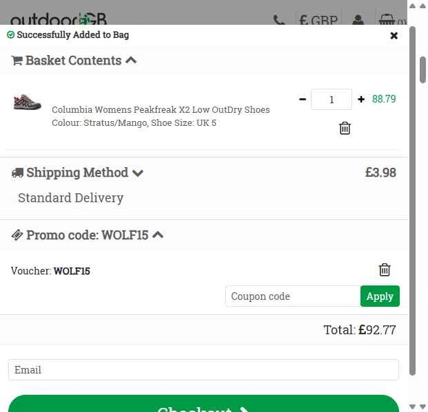 OutdoorGB checkout page showing OutdoorGB promo code box | Screenshot taken by SimplyCodes community member on Jan 7, 2026