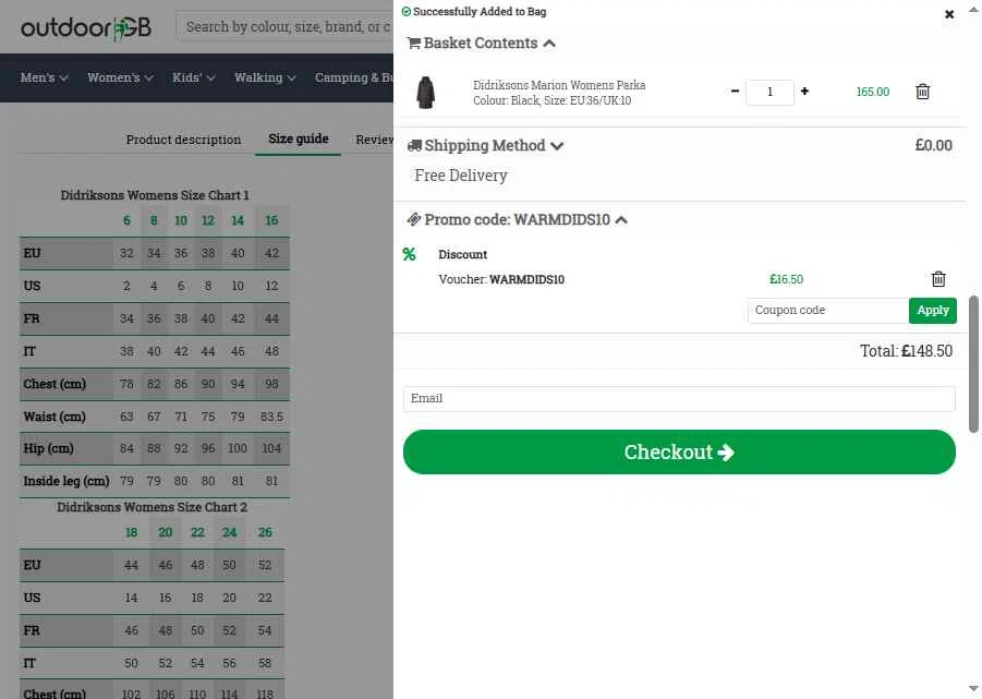 OutdoorGB checkout page showing OutdoorGB promo code box | Screenshot taken by SimplyCodes community member on Nov 26, 2025