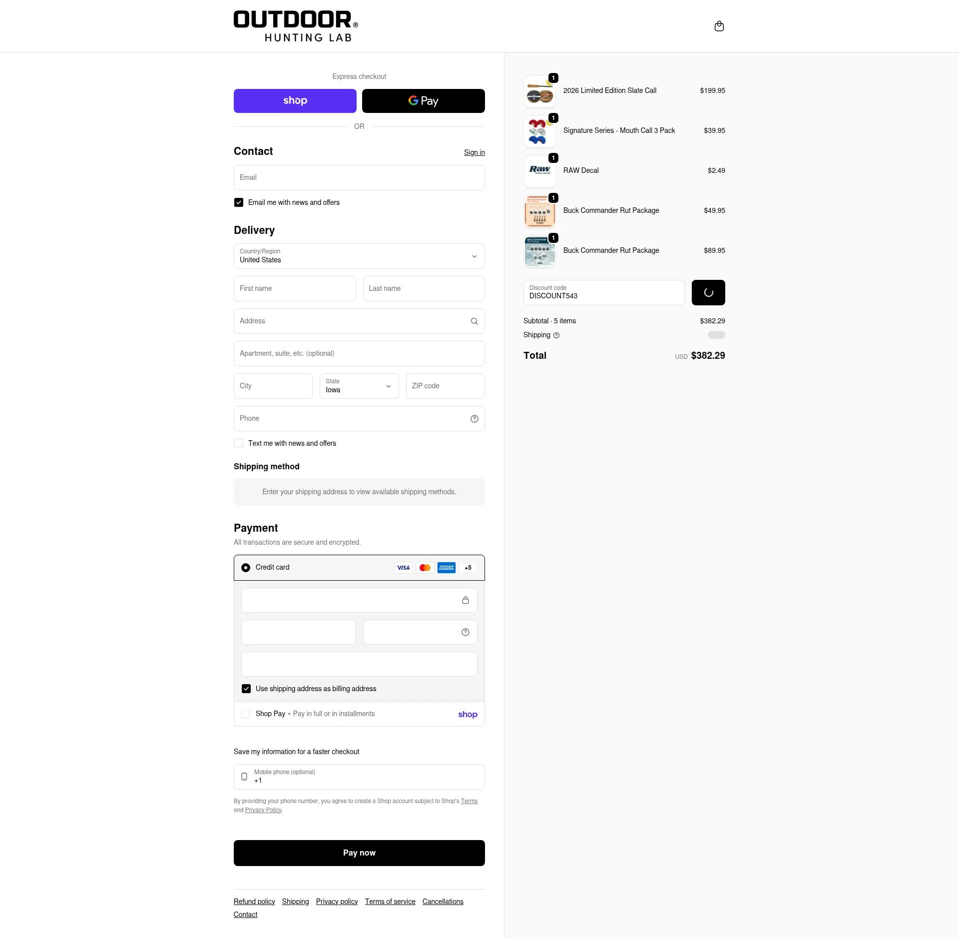 Outdoor Hunting Lab checkout page showing Outdoor Hunting Lab discount code box | Screenshot taken by SimplyCodes community member on Feb 18, 2026