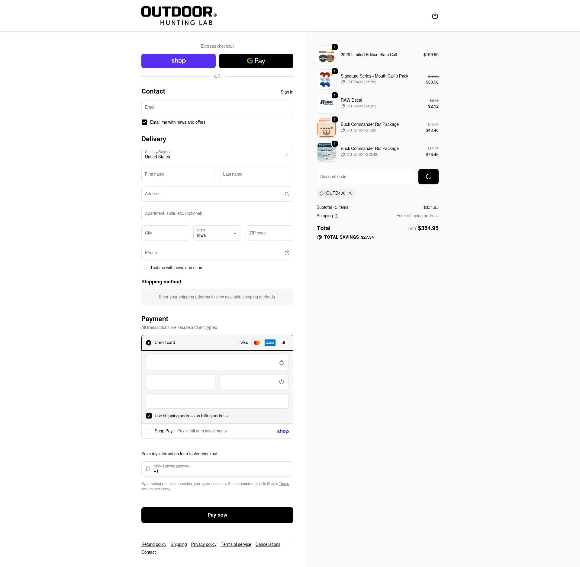 Outdoor Hunting Lab checkout page showing Outdoor Hunting Lab discount code box | Screenshot taken by SimplyCodes community member on Feb 18, 2026