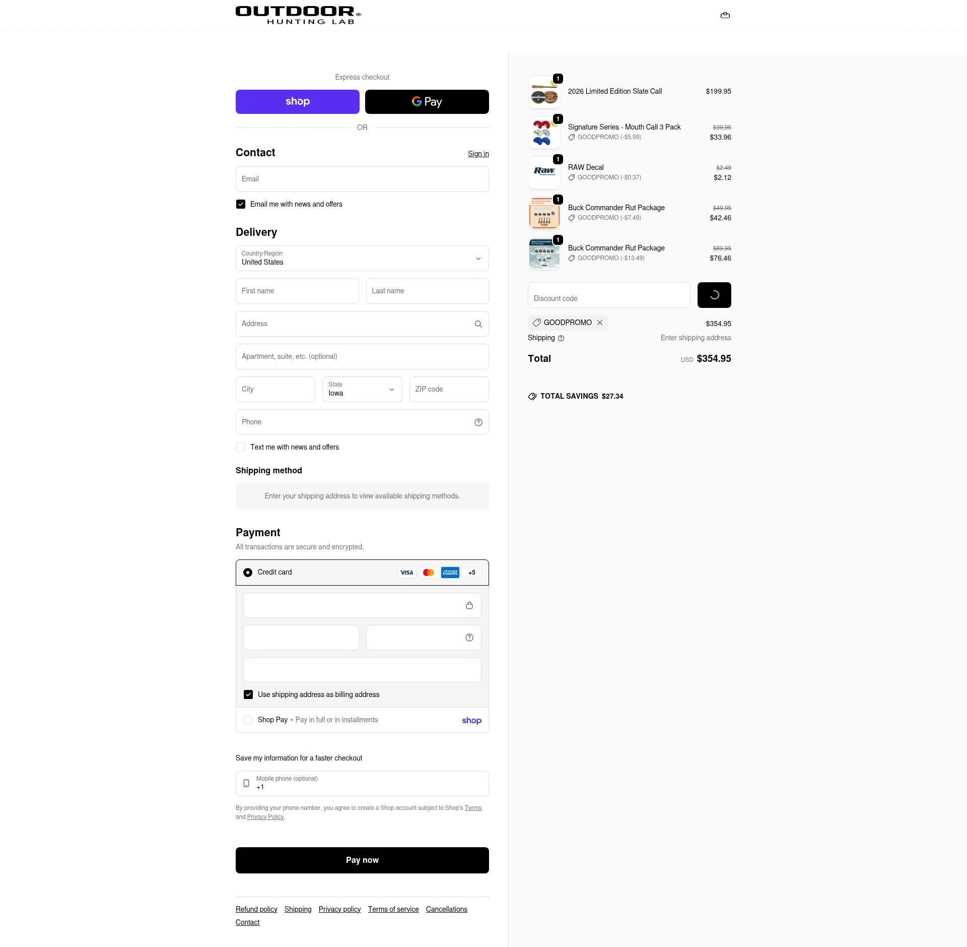 Outdoor Hunting Lab checkout page showing Outdoor Hunting Lab discount code box | Screenshot taken by SimplyCodes community member on Feb 18, 2026