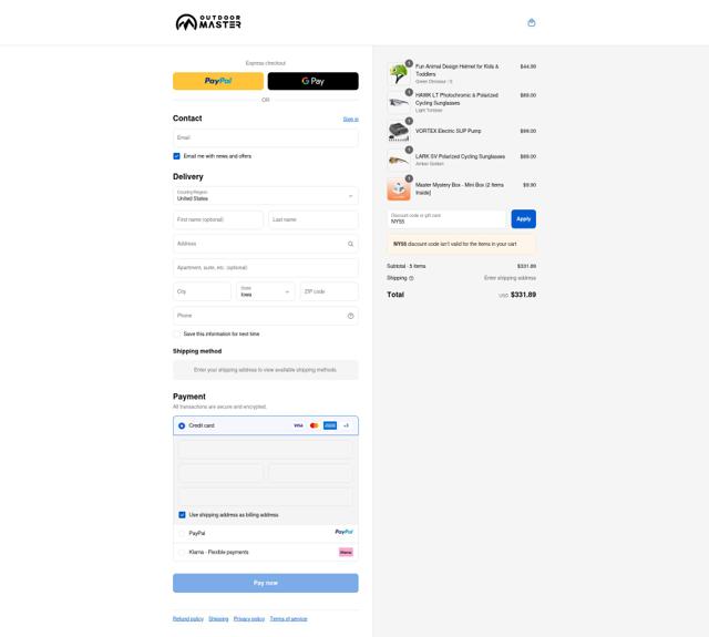 OutdoorMaster checkout page showing OutdoorMaster promo code box | Screenshot taken by SimplyCodes community member on Sep 14, 2025