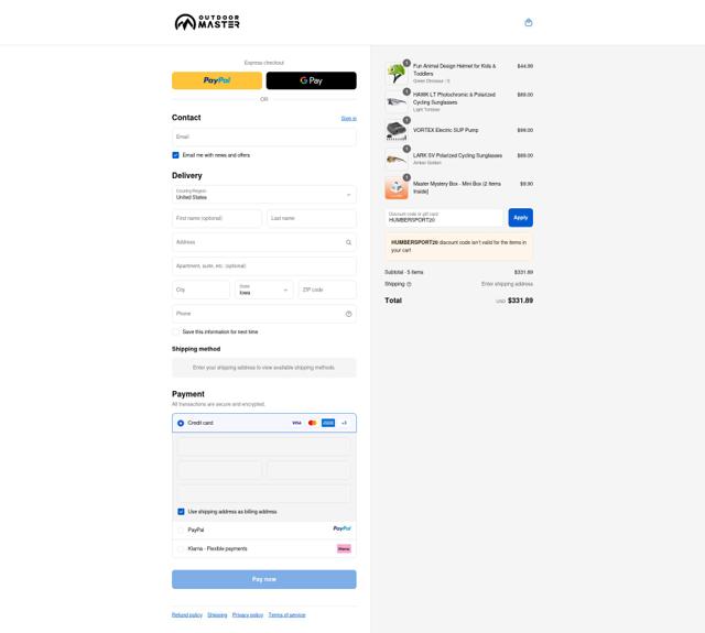 OutdoorMaster checkout page showing OutdoorMaster promo code box | Screenshot taken by SimplyCodes community member on Sep 14, 2025