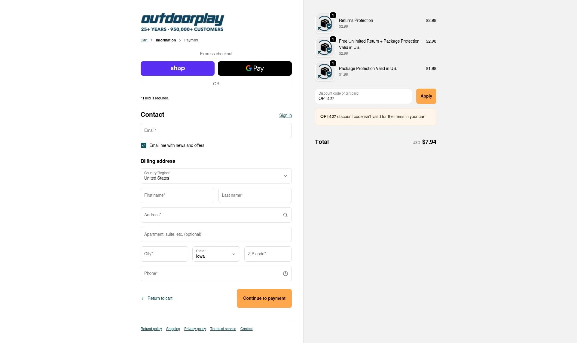 OutdoorPlay checkout page showing OutdoorPlay promo code box | Screenshot taken by SimplyCodes community member on Sep 23, 2025
