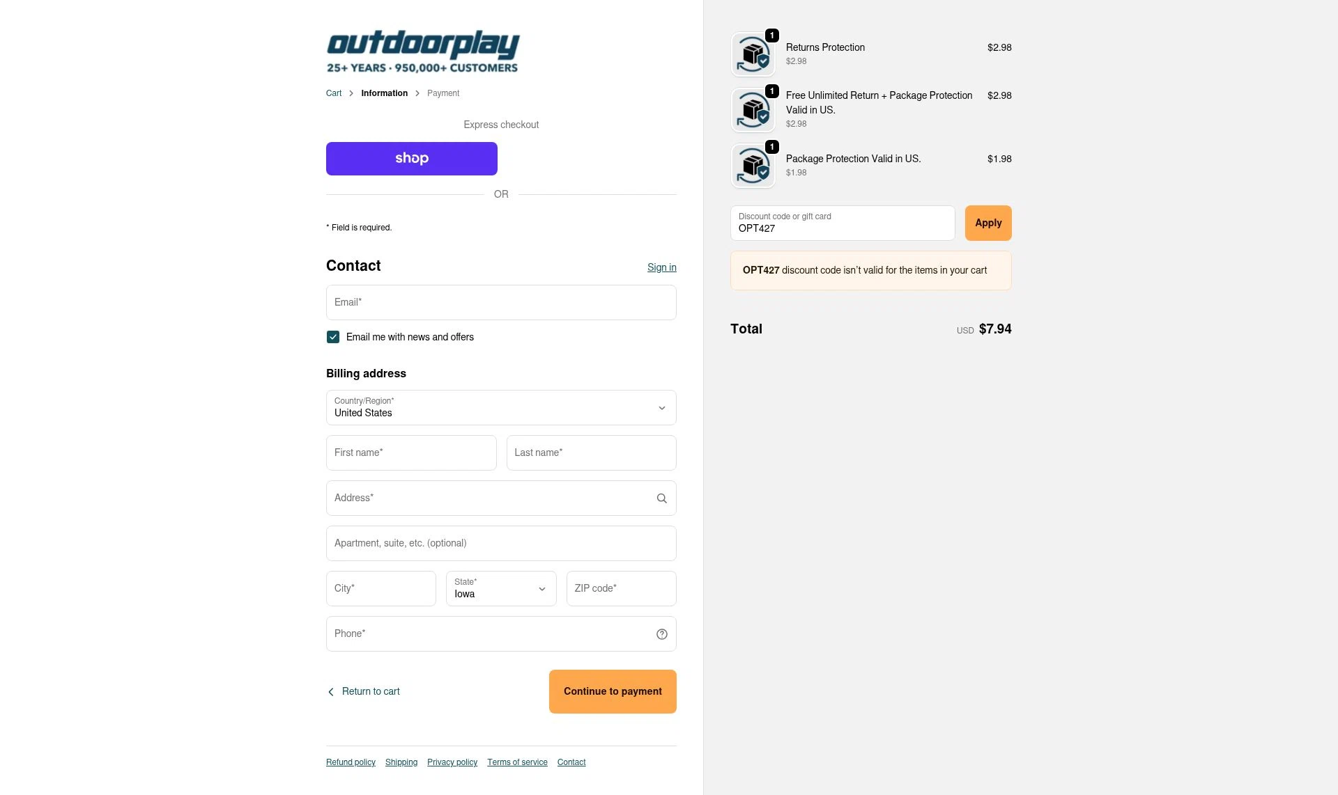 OutdoorPlay checkout page showing OutdoorPlay promo code box | Screenshot taken by SimplyCodes community member on Sep 19, 2025