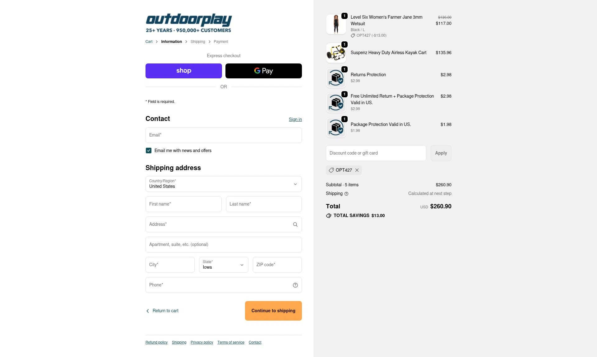 OutdoorPlay checkout page showing OutdoorPlay promo code box | Screenshot taken by SimplyCodes community member on Oct 1, 2025