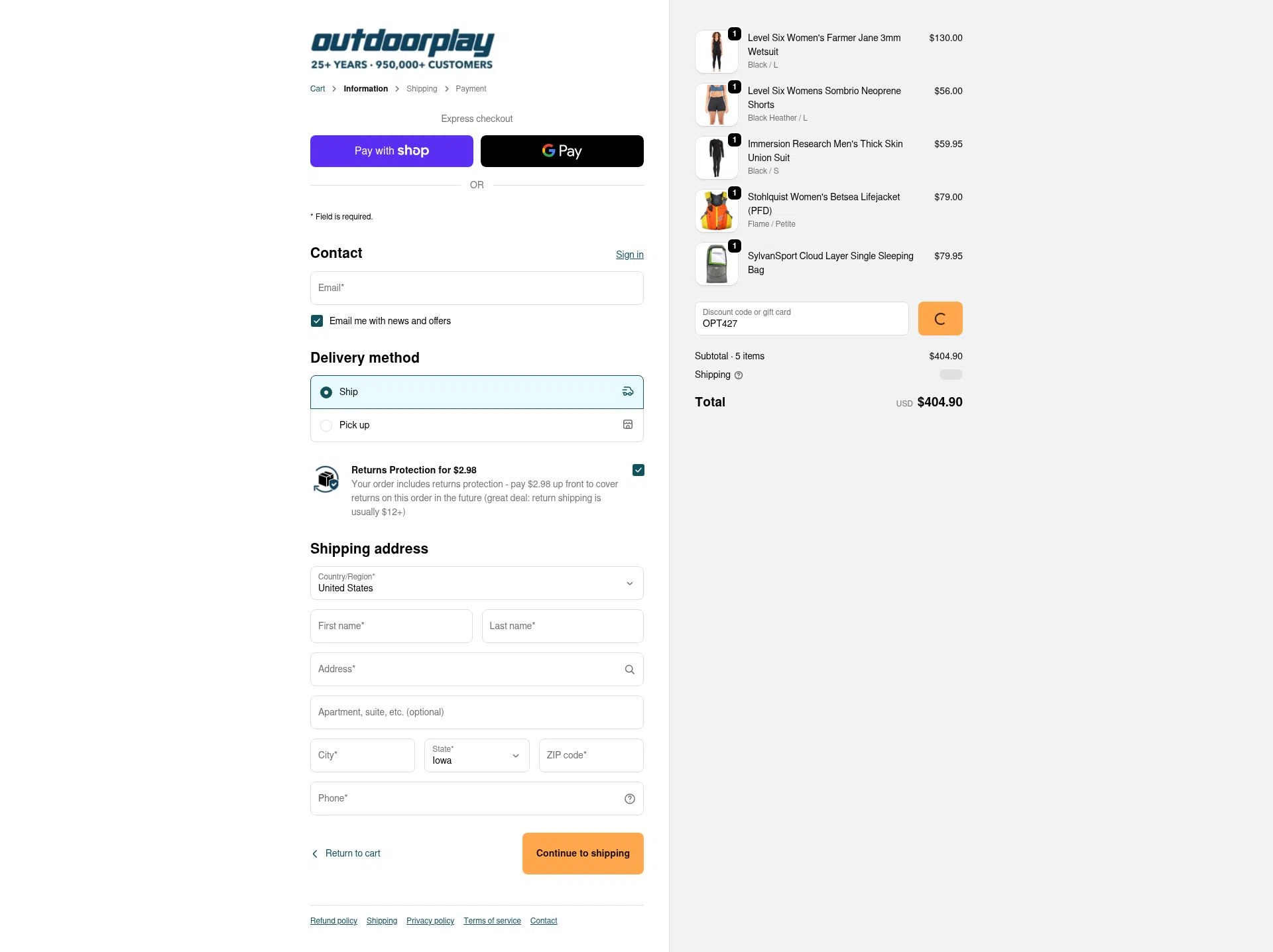 OutdoorPlay checkout page showing OutdoorPlay promo code box | Screenshot taken by SimplyCodes community member on Jan 10, 2026