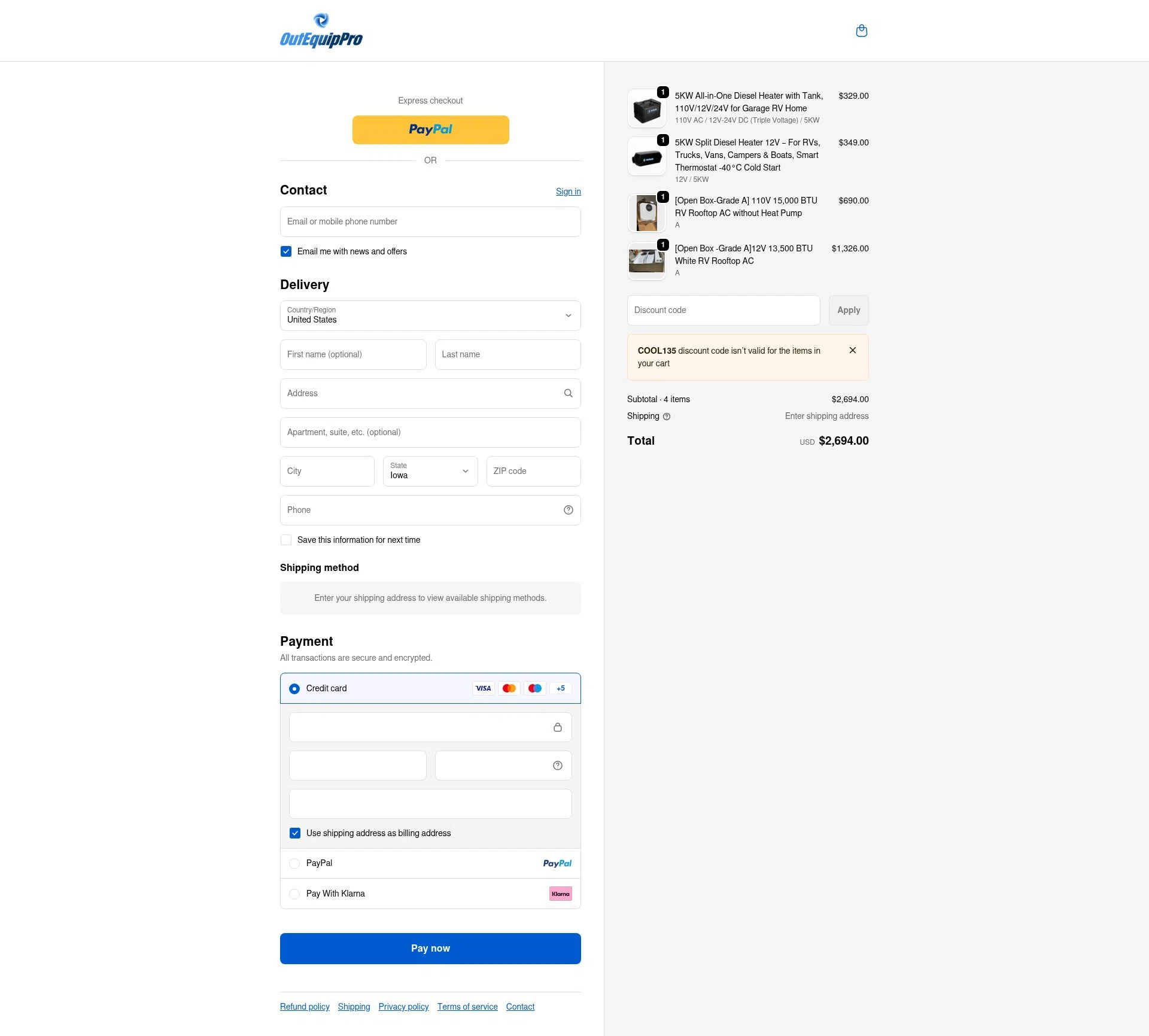 OutEquipPro checkout page showing OutEquipPro promo code box | Screenshot taken by SimplyCodes community member on Jan 27, 2026