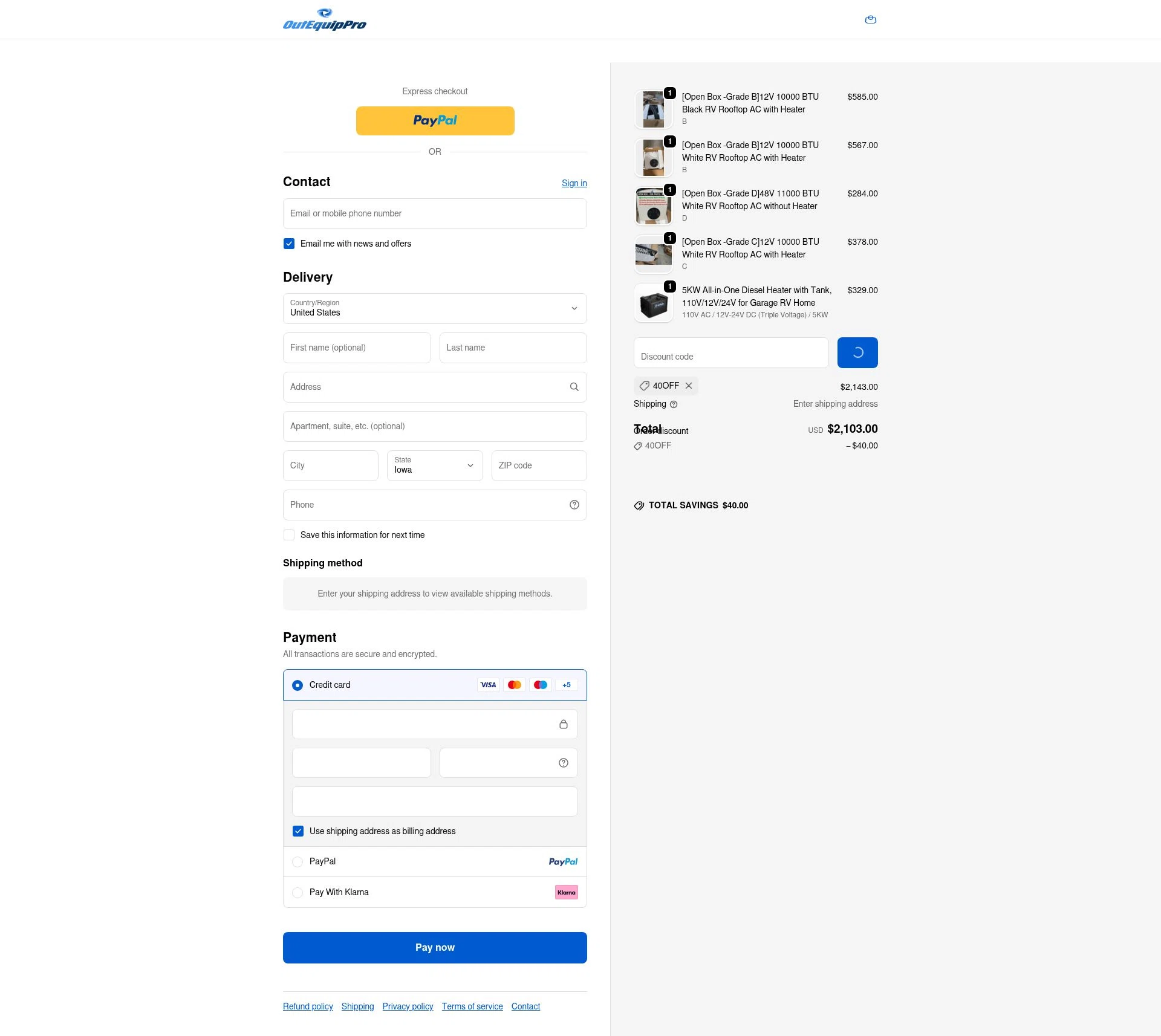 OutEquipPro checkout page showing OutEquipPro promo code box | Screenshot taken by SimplyCodes community member on Feb 1, 2026