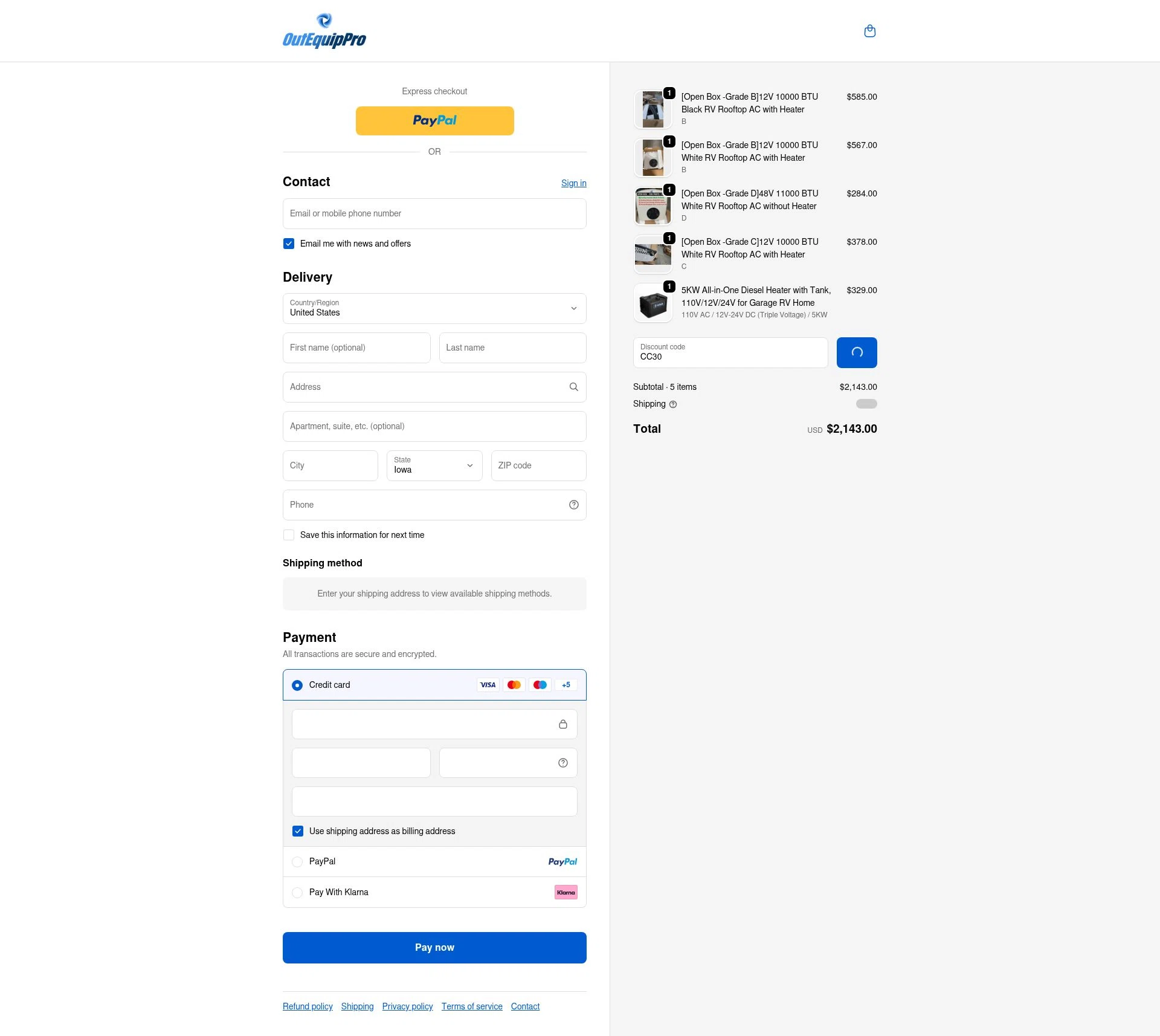 OutEquipPro checkout page showing OutEquipPro promo code box | Screenshot taken by SimplyCodes community member on Feb 1, 2026