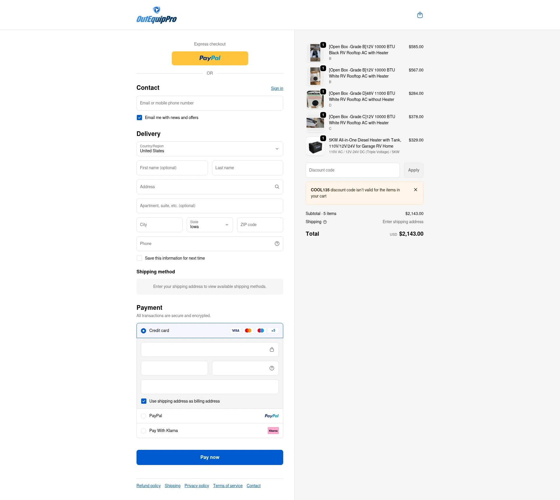 OutEquipPro checkout page showing OutEquipPro promo code box | Screenshot taken by SimplyCodes community member on Feb 1, 2026