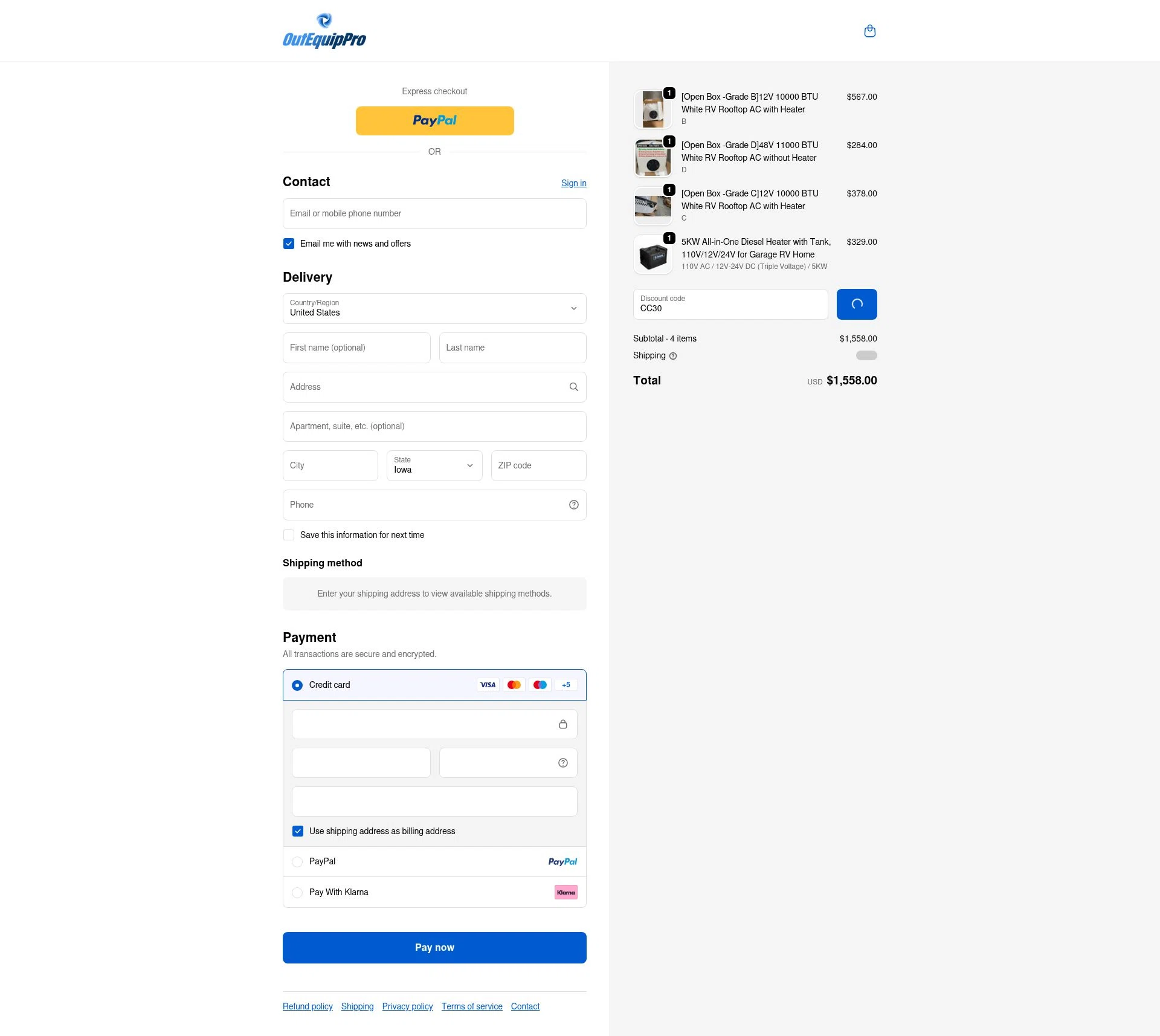 OutEquipPro checkout page showing OutEquipPro promo code box | Screenshot taken by SimplyCodes community member on Feb 5, 2026
