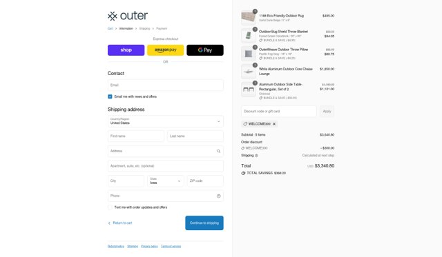 Outer checkout page showing Outer promo code box | Screenshot taken by SimplyCodes community member on Sep 2, 2025