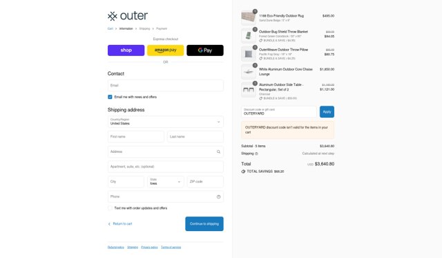 Outer checkout page showing Outer promo code box | Screenshot taken by SimplyCodes community member on Sep 2, 2025