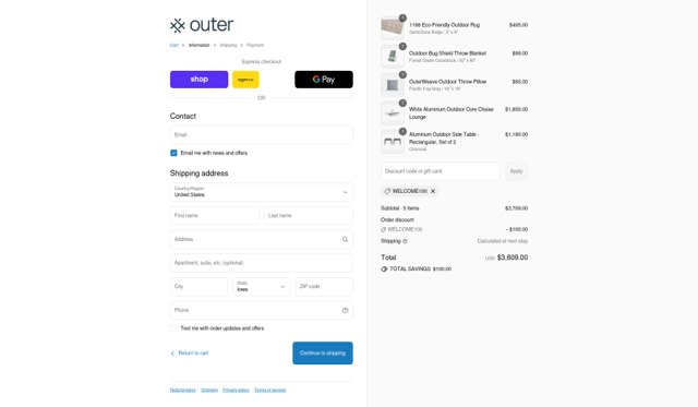 Outer checkout page showing Outer promo code box | Screenshot taken by SimplyCodes community member on Sep 2, 2025