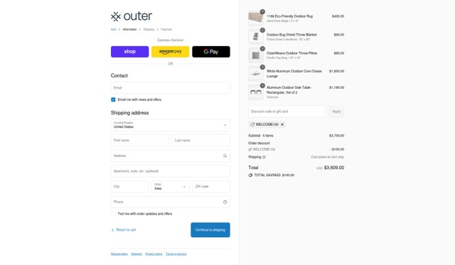 Outer checkout page showing Outer promo code box | Screenshot taken by SimplyCodes community member on Aug 28, 2025