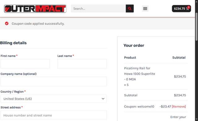 OuterImpact checkout page showing OuterImpact coupon code box | Screenshot taken by SimplyCodes community member on May 18, 2025