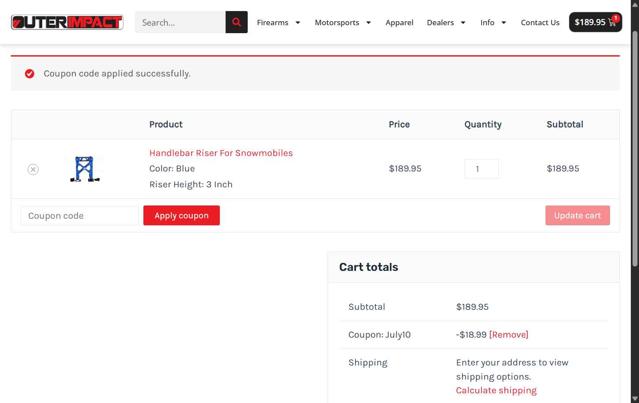 OuterImpact checkout page showing OuterImpact coupon code box | Screenshot taken by SimplyCodes community member on Jul 14, 2025