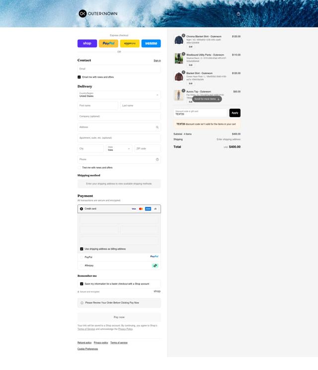 OuterKnown checkout page showing OuterKnown discount code box | Screenshot taken by SimplyCodes community member on Sep 12, 2025