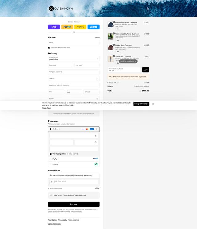 OuterKnown checkout page showing OuterKnown discount code box | Screenshot taken by SimplyCodes community member on Sep 11, 2025