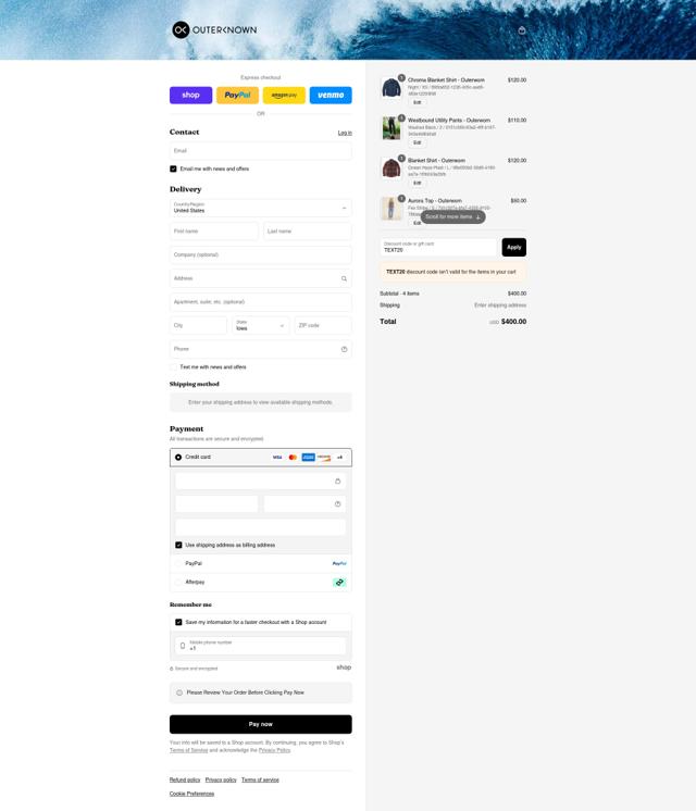 OuterKnown checkout page showing OuterKnown discount code box | Screenshot taken by SimplyCodes community member on Sep 8, 2025