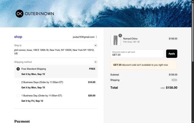 OuterKnown checkout page showing OuterKnown discount code box | Screenshot taken by SimplyCodes community member on Sep 11, 2025