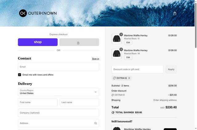 OuterKnown checkout page showing OuterKnown discount code box | Screenshot taken by SimplyCodes community member on Sep 11, 2025