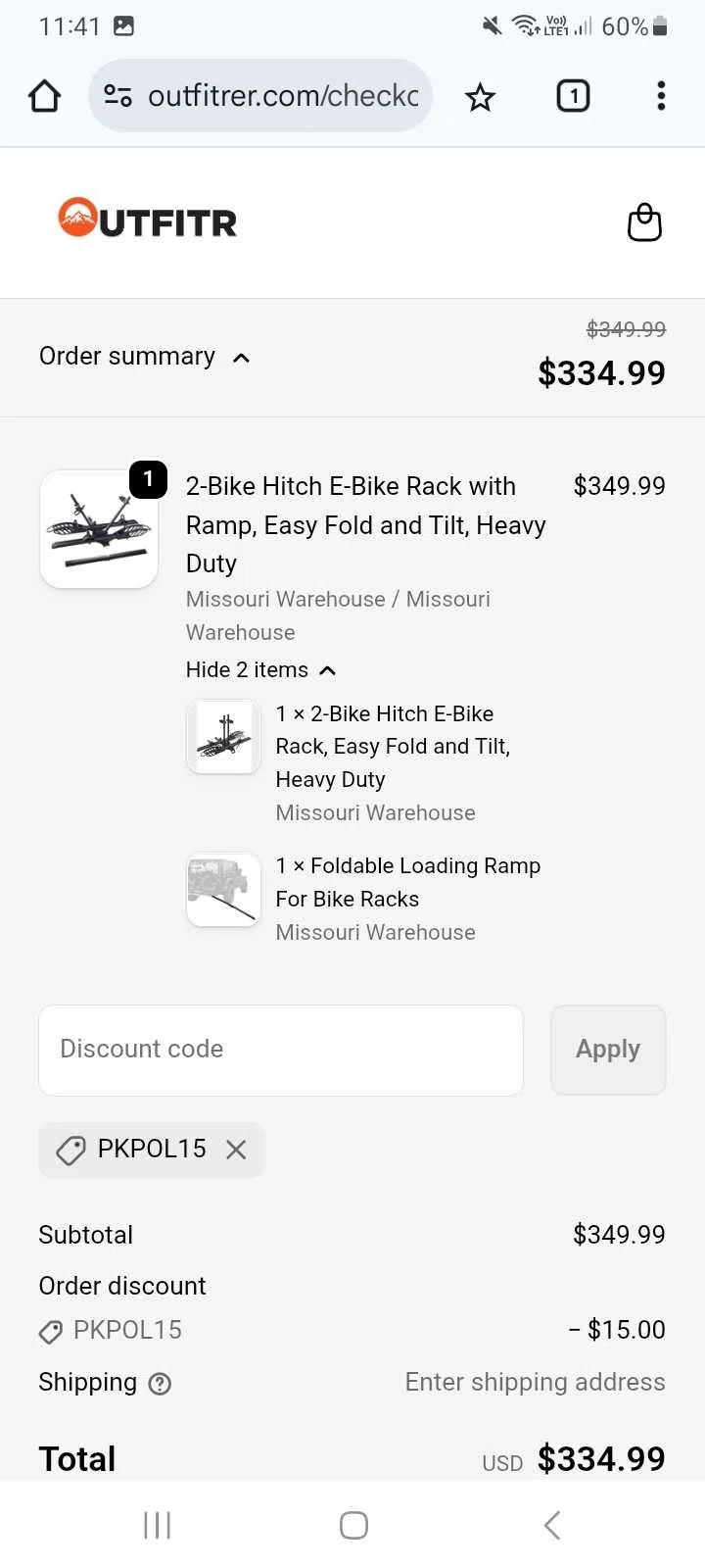 OutfitR promo code screenshot showing code PKPOL15 applied at OutfitR checkout page. Uploaded by SimplyCodes community member Celebrity on Oct 15, 2025